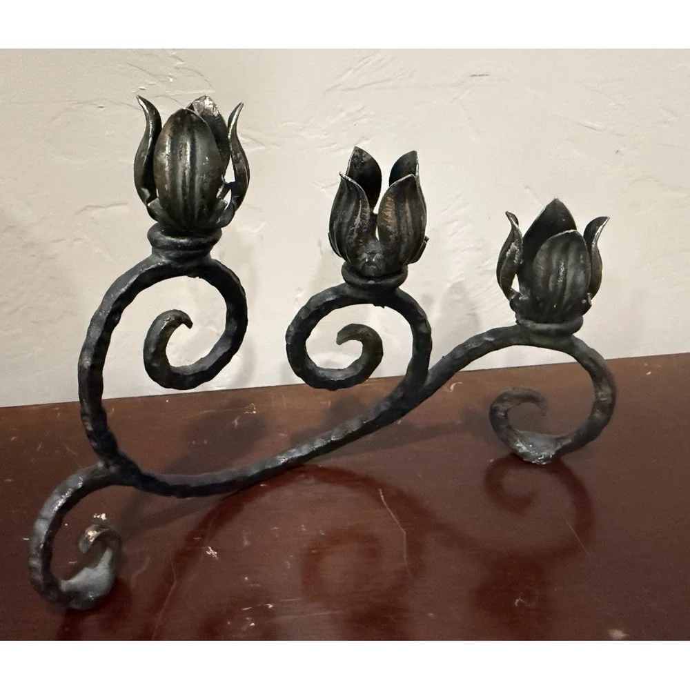Metal Cast Iron Rose Candleholder  With 3 Flower‎ Buds Vintage